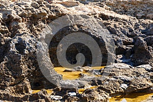 Abstract background of frozen sea salt. Backgrounds and texture on the seashore in stone deposits flooded with water and the remai