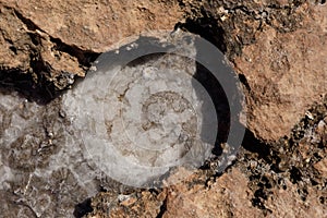 Abstract background of frozen sea salt. Backgrounds and texture on the seashore in stone deposits flooded with water and the remai