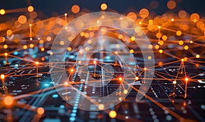 Abstract background of futuristic technological network with glowing nodes and connection lines. Concepts of big data, internet,