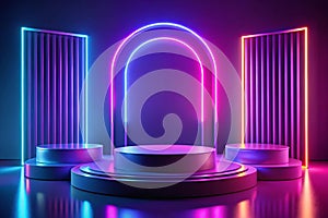 Abstract geometric podiums in neon light photo