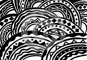 Abstract background of geometric ornament of black color on white. Printmaking style.