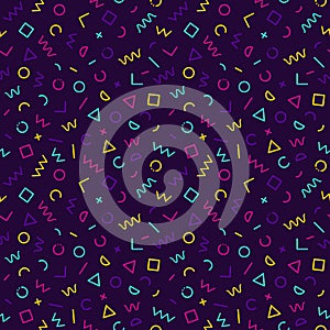 Abstract background of geometric shapes Memphis 90s style. seamless pattern with neon colors