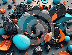Abstract background with geometric shapes in shades of cyan blue and coral orange. Stones and pebbles. Generative AI technology