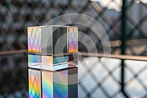 Abstract background with glossy crystal block and multicolored gradient reflection