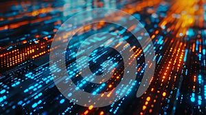 Abstract background of glowing binary code in blue and orange