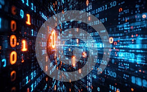 Abstract background with glowing binary code digits in a digital tunnel. Concept of data technology programming information and