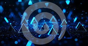 Abstract background with glowing blue triangles and particles creating dynamic visual effect. This design evokes sense of depth