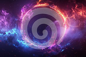 Abstract background with glowing neon blue and purple circle frame on black background. Magic light effect, energy flow