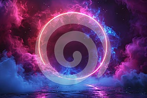 Abstract background with glowing neon blue and purple circle frame on black background. Magic light effect, energy flow
