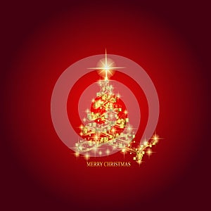 Abstract background with gold christmas tree and stars. Illustration in red and gold colors.