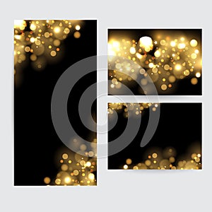 Abstract background with gold sparkles. Shiny defocused gold bokeh lights on black background.