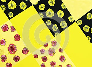 Abstract background with gouache paints in the form of black-yellow gold rectangles and roses. Floral pattern black gold yellow pa