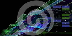 Abstract background graph curved grid and blurred lines data boxes on dark. Technology graph with data in virtual space.