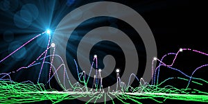 Abstract background graph wavy color data lines with white points and light.