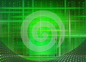 Abstract futuristic cyberspace with binary code, neon green matrix background photo