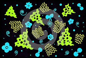 Abstract background with green and blue elements randomly placed on a black background.