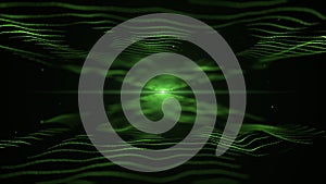 Abstract background. Green coloured imitation of sound waves on black backdrop. Light blurred blick is on the centre