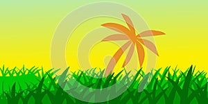 Abstract background green grass palm yelllow sky