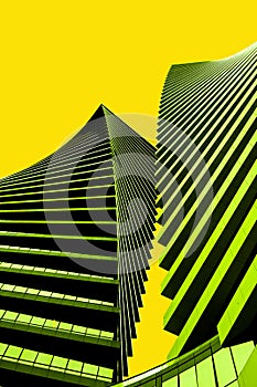 abstract background, green houses against the yellow sky. skyscraper in the sky