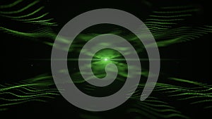 Abstract background. Green imitation of sound waves on black backdrop. Light blurred green blick is on the centre, and