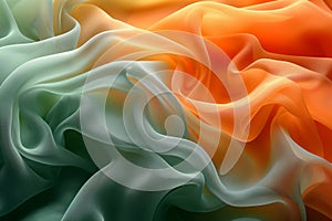Abstract background of green and orange colored silk or satin with smooth folds, fabric texture, generative ai