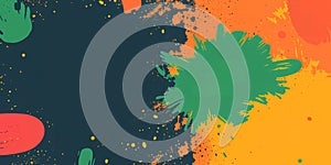 Abstract background with green orange and red paint splatters on a dark blue surface