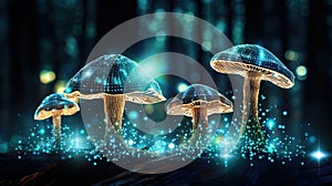 Abstract background with a growing digital mushroom. Machine learning and big data array visual concept. Generative AI