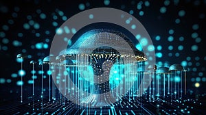 Abstract background with a growing digital mushroom. Machine learning and big data array visual concept. Generative AI