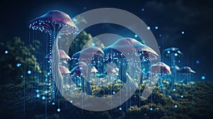 Abstract background with a growing digital mushroom. Machine learning and big data array visual concept. Generative AI