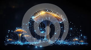 Abstract background with a growing digital mushroom. Machine learning and big data array visual concept. Generative AI
