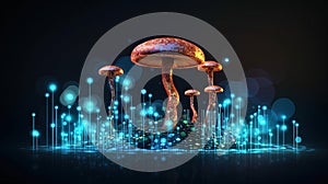 Abstract background with a growing digital mushroom. Machine learning and big data array visual concept. Generative AI
