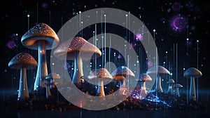 Abstract background with a growing digital mushroom. Machine learning and big data array visual concept. Generative AI