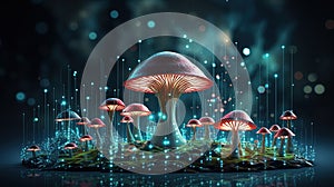 Abstract background with a growing digital mushroom. Machine learning and big data array visual concept. Generative AI