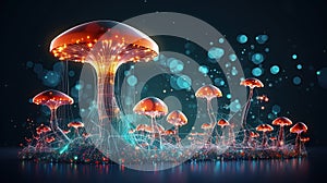 Abstract background with a growing digital mushroom. Machine learning and big data array visual concept. Generative AI