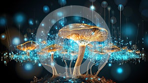 Abstract background with a growing digital mushroom. Machine learning and big data array visual concept. Generative AI