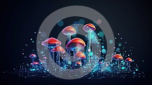 Abstract background with a growing digital mushroom. Machine learning and big data array visual concept. Generative AI