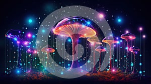 Abstract background with a growing digital mushroom. Machine learning and big data array visual concept. Generative AI