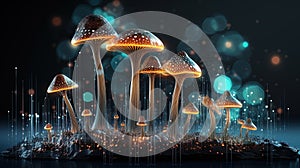 Abstract background with a growing digital mushroom. Machine learning and big data array visual concept. Generative AI