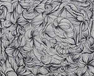 Abstract background of hand drawn doodles. Curly waves and lines.