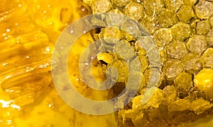 Abstract background of honeycombs drenched in honey. Delicious and healthy food