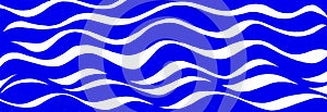 Abstract background. Horizontal waves of different shapes. Blue on white. Printmaking style.