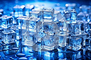 Ice cubes in blue light. An abstract background of ice cubes under blue lighting photo