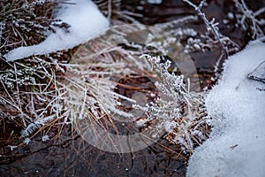 Abstract background from icy surface of pond of dark steel color.