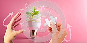 Abstract background. Ideas and light bulbs concept of renewable energy derived from nature for sustainability. Red, hand photo