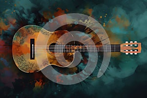 Abstract background illustration of a acoustic guitar with grunge noise and colorful texture. Music industry theme. Generative AI