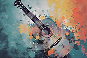 Abstract background illustration of a acoustic guitar with grunge noise and colorful texture. Music industry theme. Generative AI