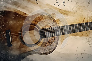 Abstract background illustration of a acoustic guitar with grunge noise and colorful texture. Music industry theme. Generative AI