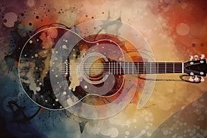 Abstract background illustration of a acoustic guitar with grunge noise and colorful texture. Music industry theme. Generative AI