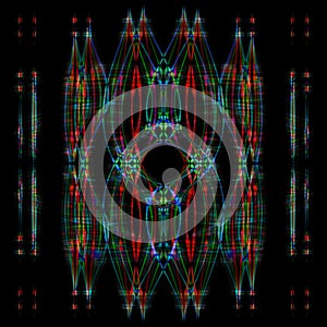 Abstract background, illustration. Complex overlay of curved lines with different colors on black background. Symmetrical.