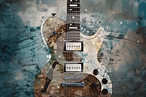 Abstract background illustration of a electric guitar with grunge noise and colorful texture. Music industry theme. Generative AI